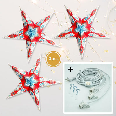 3-PACK + Cord | Red, White and Blue Royal Glitter 24" Illuminated Paper Star Lanterns and Lamp Cord Hanging Decorations - AsianImportStore.com - B2B Wholesale Lighting and Decor