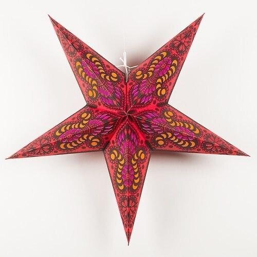 3-PACK + Cord | Red Peacock 24" Illuminated Paper Star Lanterns and Lamp Cord Hanging Decorations - AsianImportStore.com - B2B Wholesale Lighting and Decor