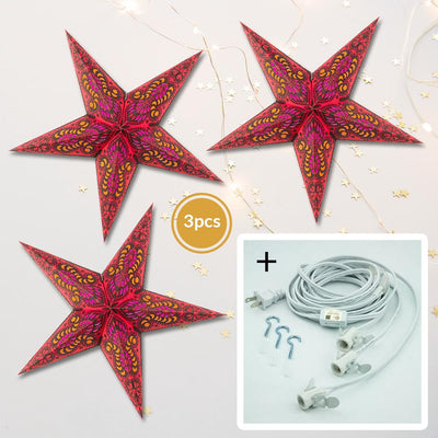 3-PACK + Cord | Red Peacock 24" Illuminated Paper Star Lanterns and Lamp Cord Hanging Decorations - AsianImportStore.com - B2B Wholesale Lighting and Decor