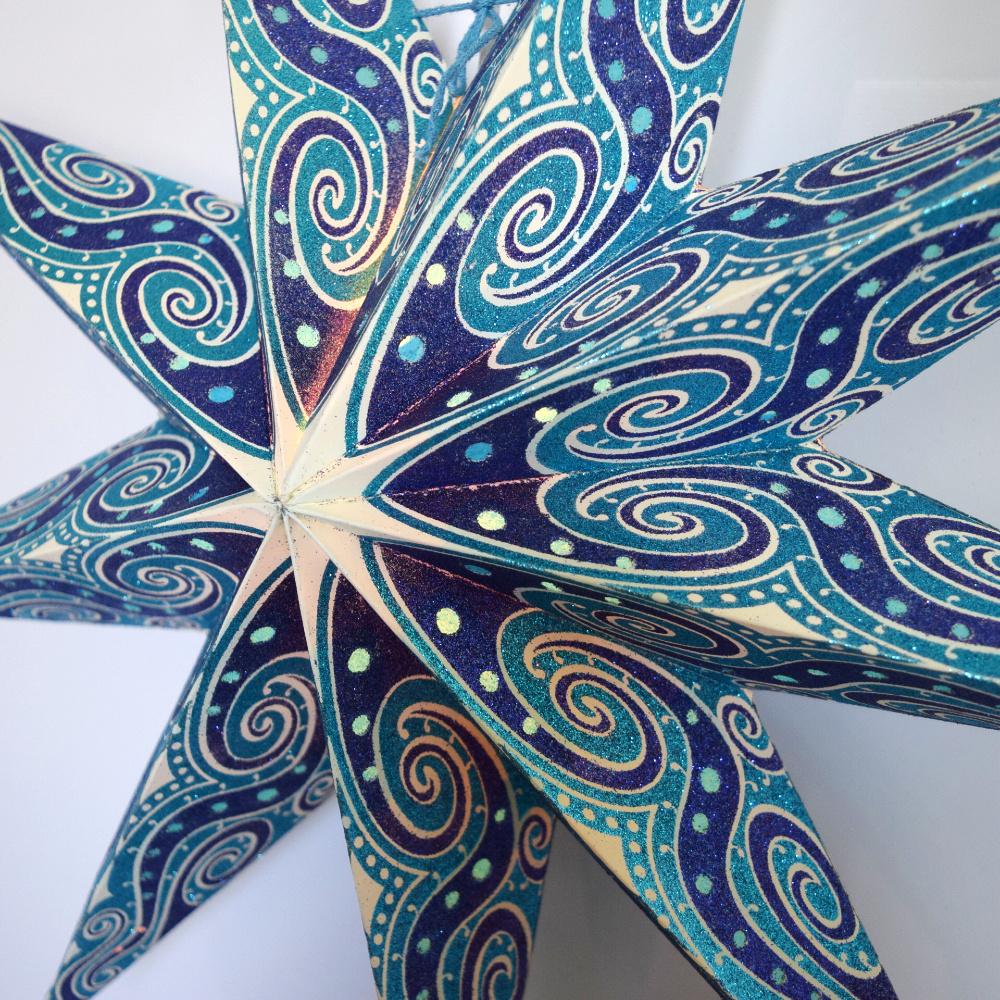 24" Turquoise Blue Mouri Glitter 9-Point Paper Star Lantern, Hanging