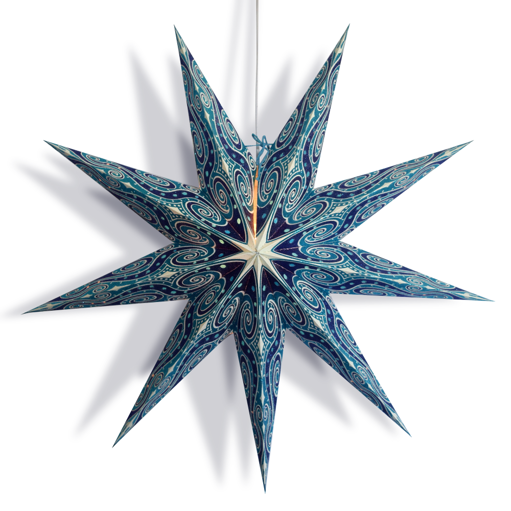 24" Turquoise Blue Mouri Glitter 9-Point Paper Star Lantern, Hanging
