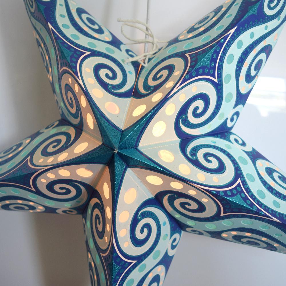 24" Turquoise Blue Mouri Blue Glitter Paper Star Lantern, Hanging