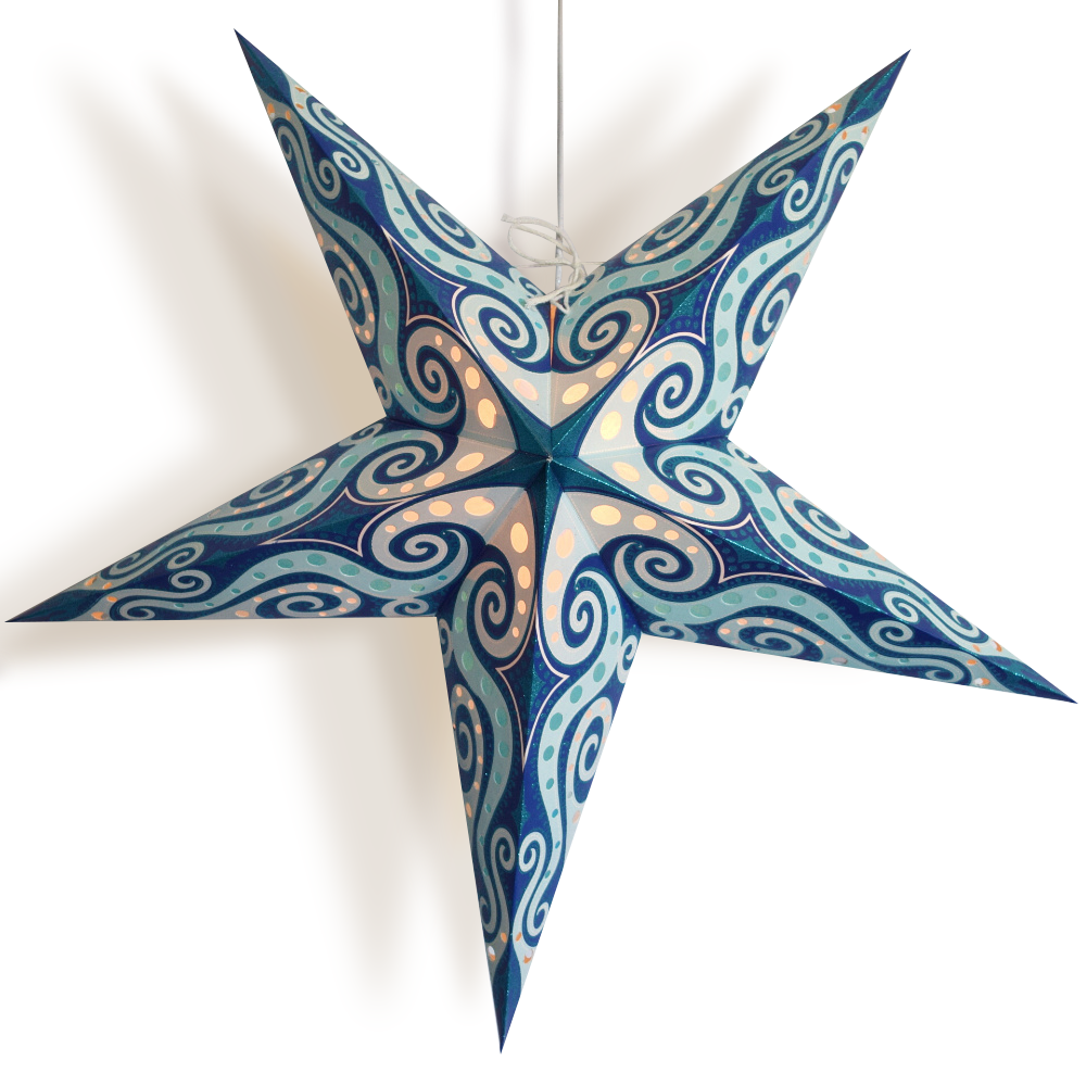 24" Turquoise Blue Mouri Glitter Paper Star Lantern, Hanging
