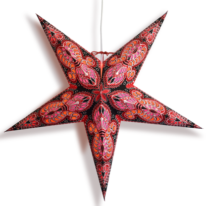 24" Red Black Peacock Paper Star Lantern, Hanging