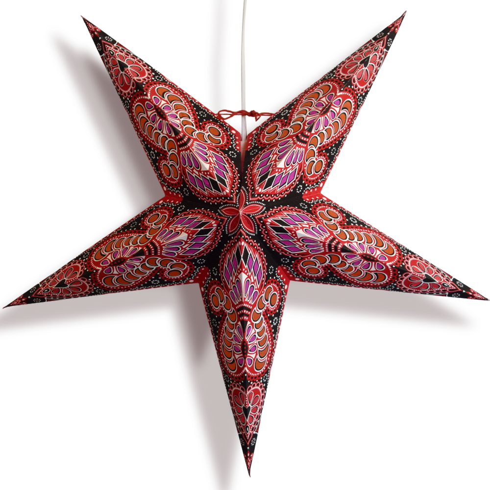 24" Red Black Peacock Blue Paper Star Lantern, Hanging
