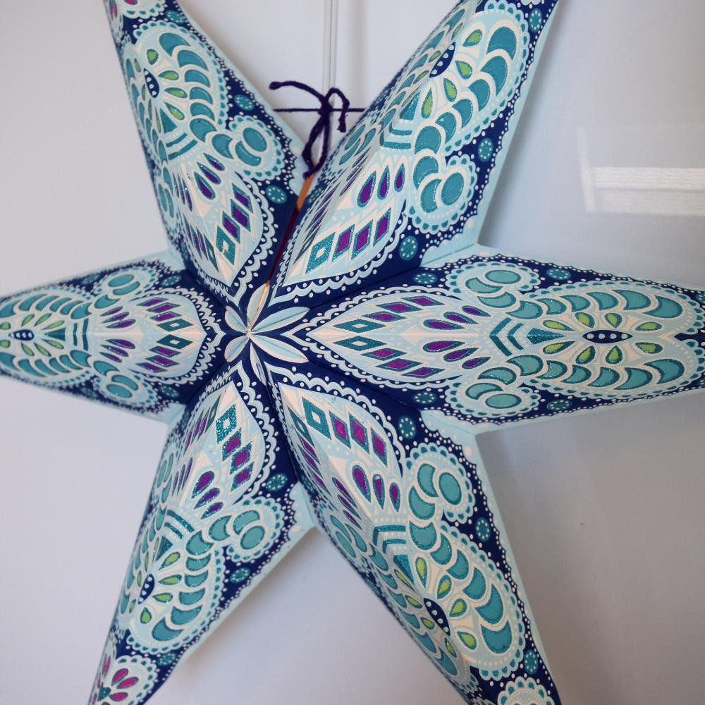 24" Turquoise Blue Peacock Glitter 6-Point Paper Star Lantern, Hanging