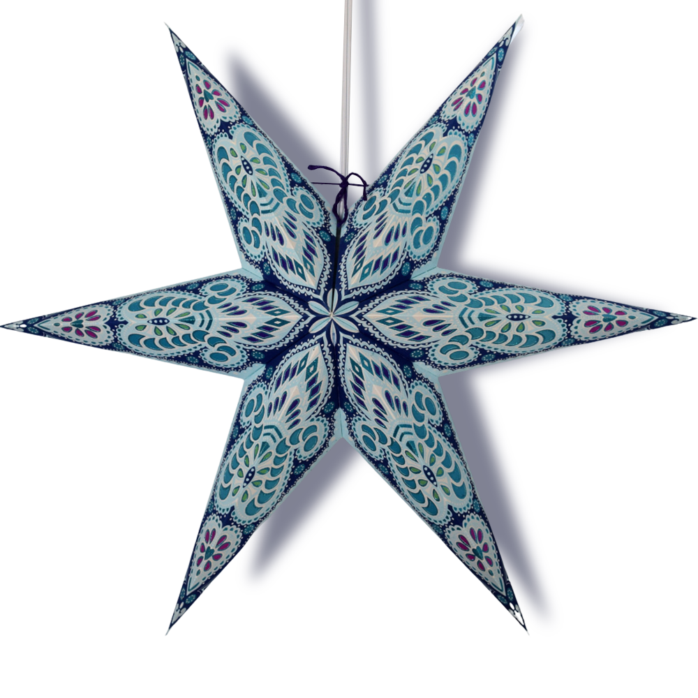 24" Turquoise Blue Peacock Glitter 6-Point Paper Star Lantern, Hanging