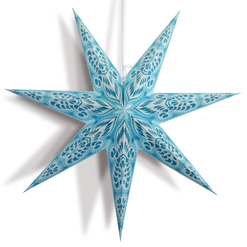 24" Turquoise Blue Peacock 7-Point Paper Star Lantern, Hanging