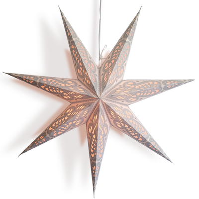 24" White Grey Peacock 7-Point Paper Star Lantern, Hanging