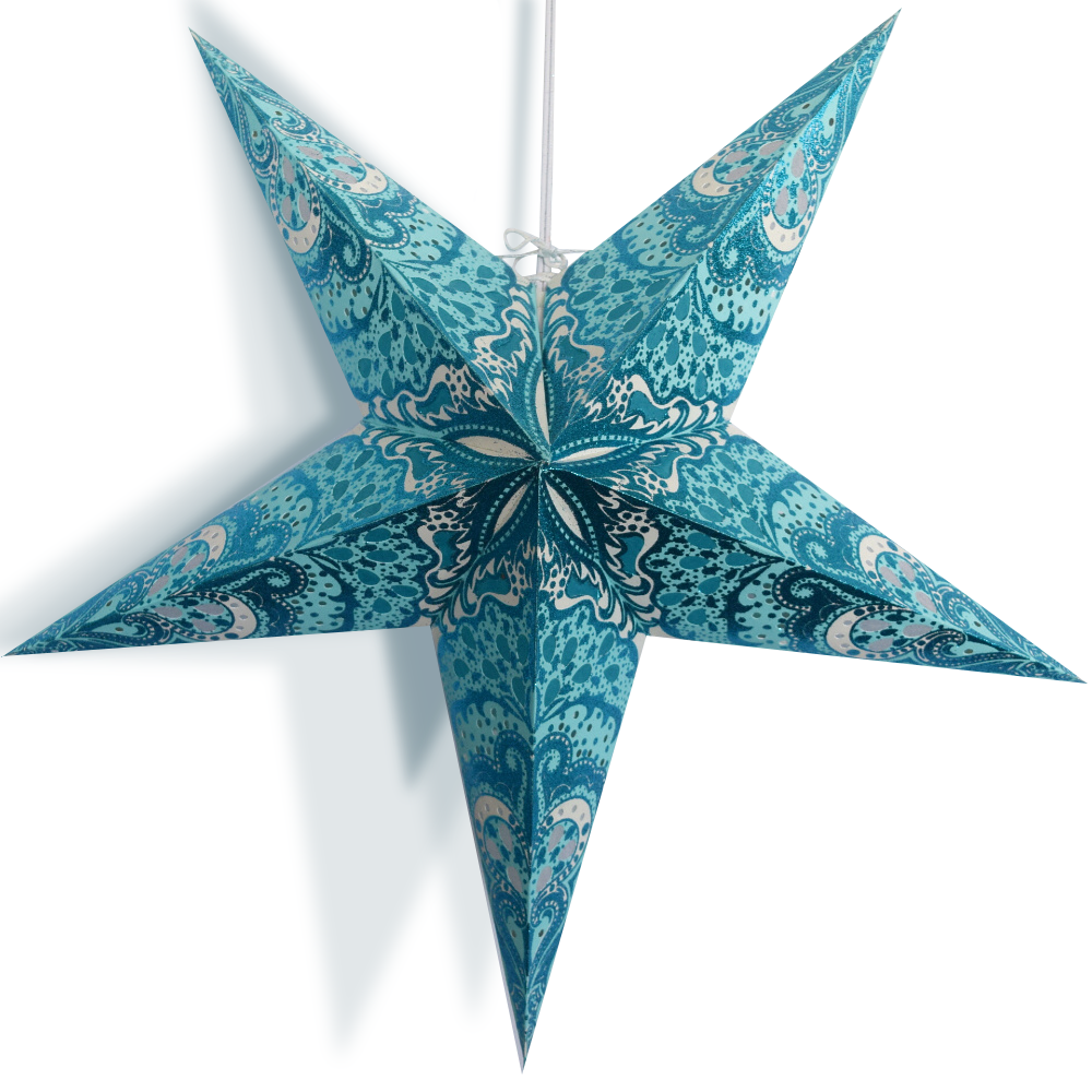 24" Turquoise Blue Rain Glitter Paper Star Lantern, Chinese Hanging Wedding & Party Decoration