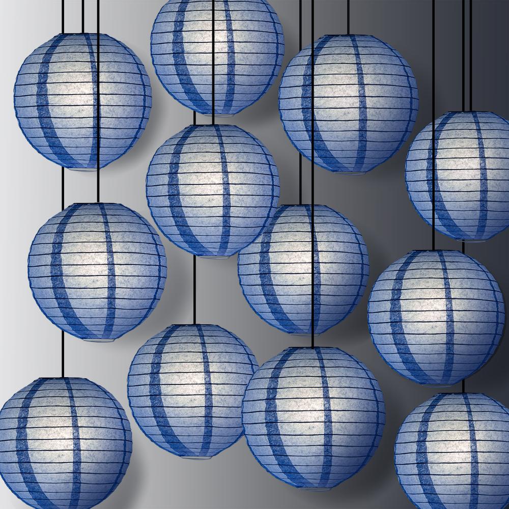 12 PACK | 12" Serenity Blue Even Ribbing Round Paper Lantern, Hanging Combo Set - AsianImportStore.com - B2B Wholesale Lighting and Decor