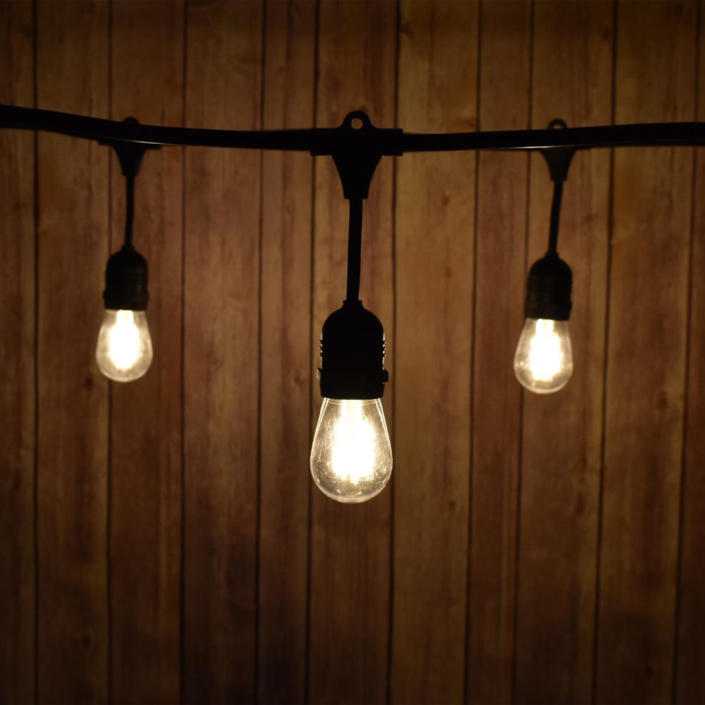 (Discontinued) 48-Foot Shatterproof S14 LED Filament String Light Outdoor Commercial Weatherproof SJTW Suspended Cord Black, 15 Bulb, 30 Total Watts, Grounded