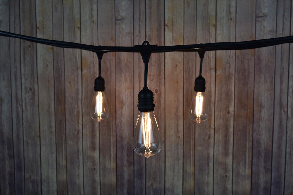  48-Foot Shatterproof ST64 LED Filament String Light Outdoor Commercial Weatherproof SJTW Suspended Cord Black, 15 Bulb, 30 Total Watts, Grounded - AsianImportStore.com - B2B Wholesale Lighting and Decor