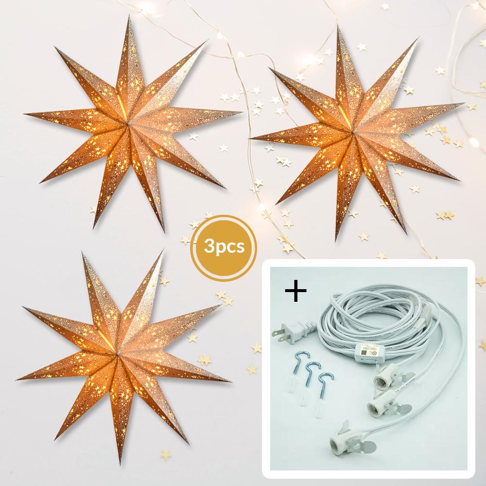 3-PACK + Cord | 9 Point Silver Diamonds Glitter 24" Illuminated Paper Star Lanterns and Lamp Cord Hanging Decorations - AsianImportStore.com - B2B Wholesale Lighting and Decor