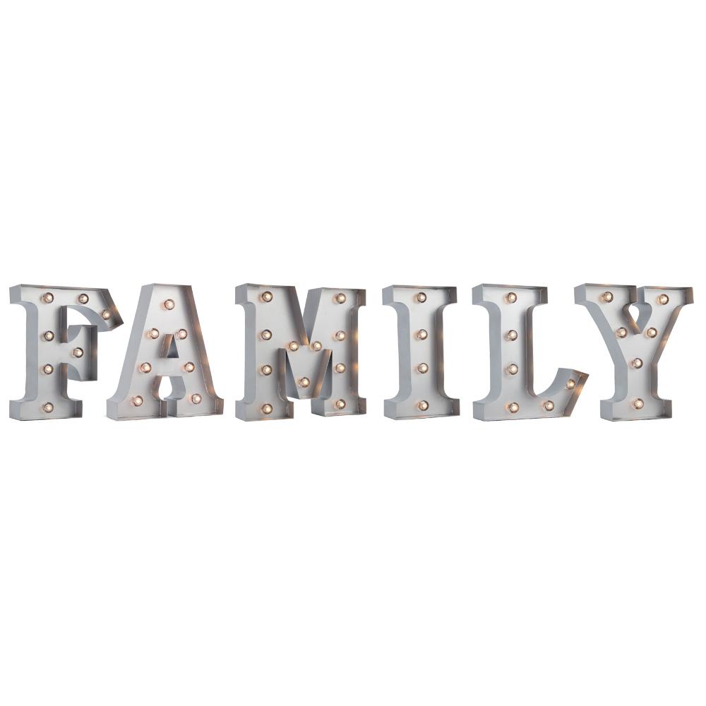  Silver Marquee Light Word 'Family' LED Metal Sign (8 Inch, Battery Operated w/ Timer) - AsianImportStore.com - B2B Wholesale Lighting and Decor