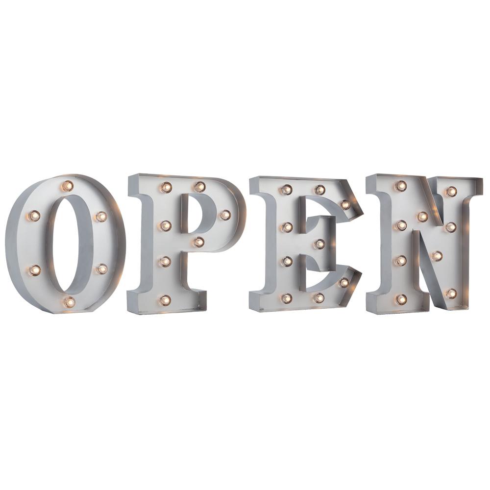  Silver Marquee Light 'OPEN' LED Metal Sign (8 Inch, Battery Operated w/ Timer) - AsianImportStore.com - B2B Wholesale Lighting and Decor