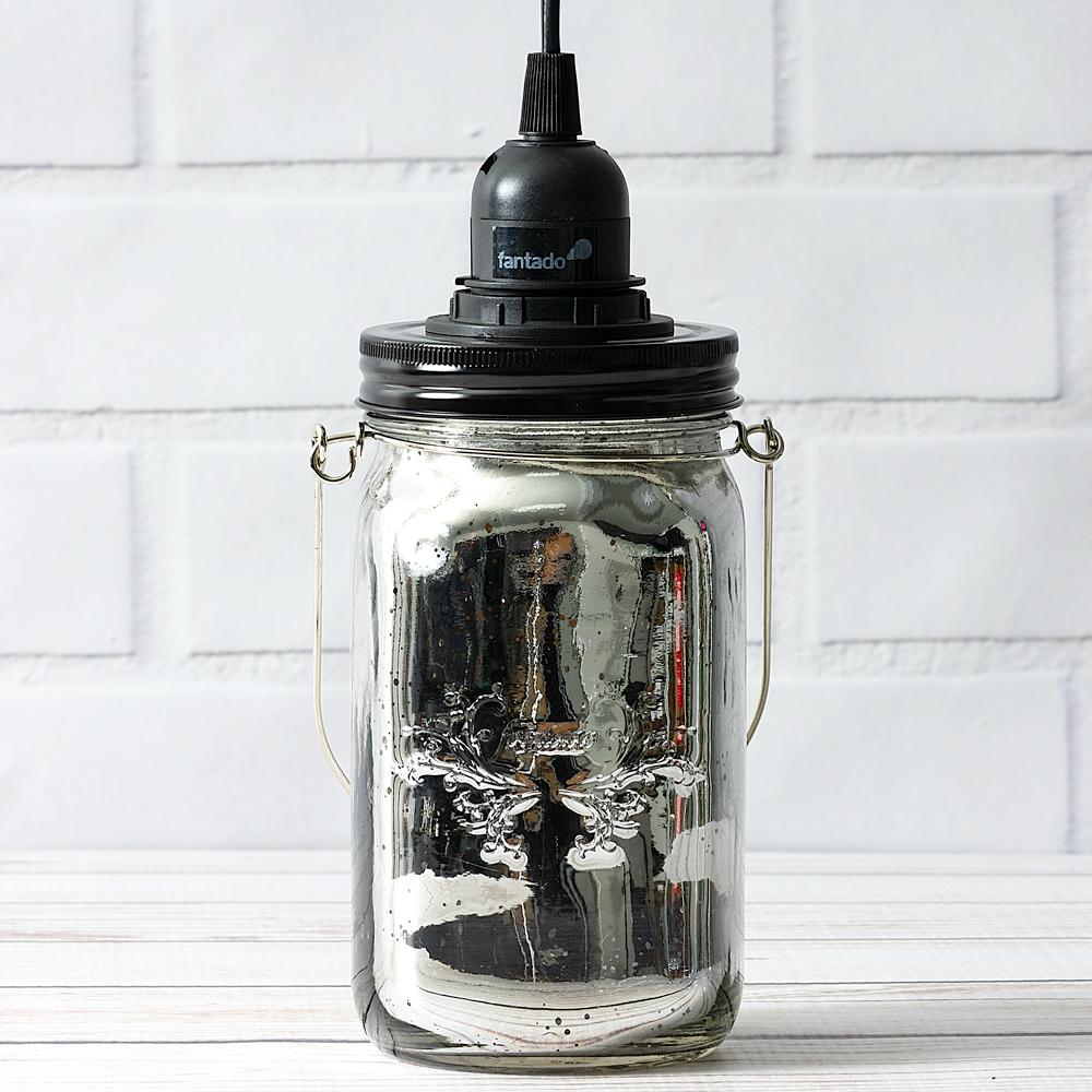  Fantado Silver Mercury Glass Mason Jar Pendant Light Kit, Wide Mouth, Black Cord, 15FT - AsianImportStore.com - B2B Wholesale Lighting and Decor