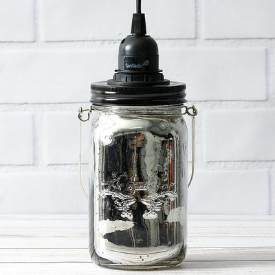 Fantado Silver Mercury Glass Mason Jar Pendant Light Kit, Wide Mouth, Black Cord, 15FT - AsianImportStore.com - B2B Wholesale Lighting and Decor