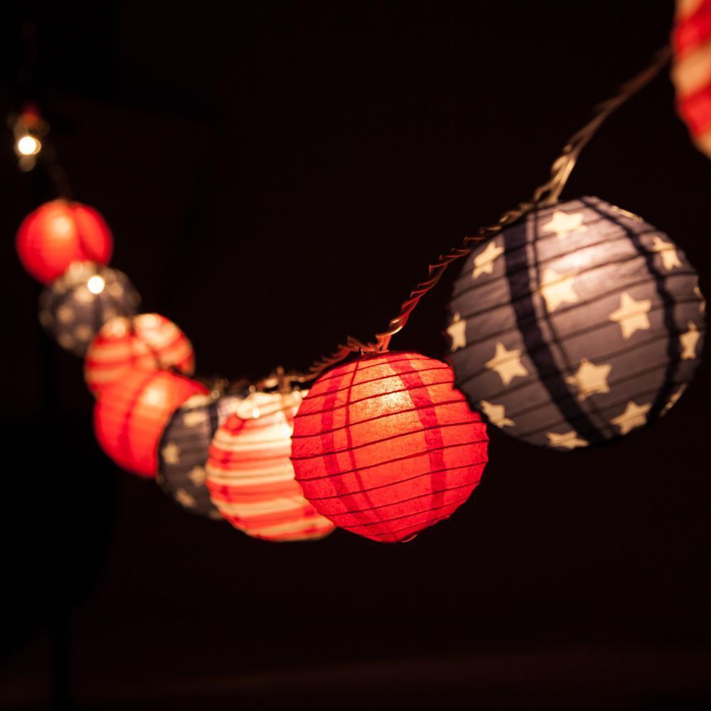 10 Socket 4th of July Red, White and Blue Round Paper Lantern Party String Lights (4" Lanterns, Expandable) - AsianImportStore.com - B2B Wholesale Lighting & Decor since 2002