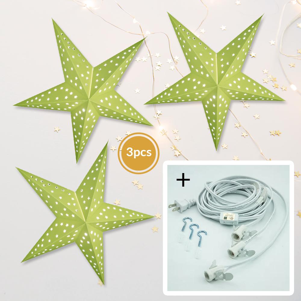 3-PACK + Cord | Chartreuse Green Starry Night 24" Illuminated Paper Star Lanterns and Lamp Cord Hanging Decorations - AsianImportStore.com - B2B Wholesale Lighting and Decor