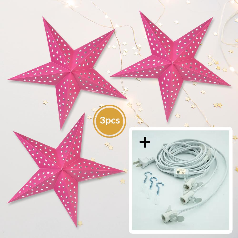  3-PACK + Cord | Fuchsia Pink Starry Night 24" Illuminated Paper Star Lanterns and Lamp Cord Hanging Decorations - AsianImportStore.com - B2B Wholesale Lighting and Decor