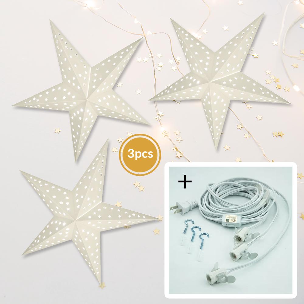 3-PACK + Cord | White Starry Night 24" Illuminated Paper Star Lanterns and Lamp Cord Hanging Decorations - AsianImportStore.com - B2B Wholesale Lighting and Decor