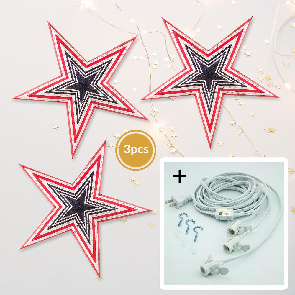 3-PACK + Cord | Red, White and Blue 24" 4th of July Illuminated Paper Star Lanterns and Lamp Cord Hanging Decorations - AsianImportStore.com - B2B Wholesale Lighting and Decor