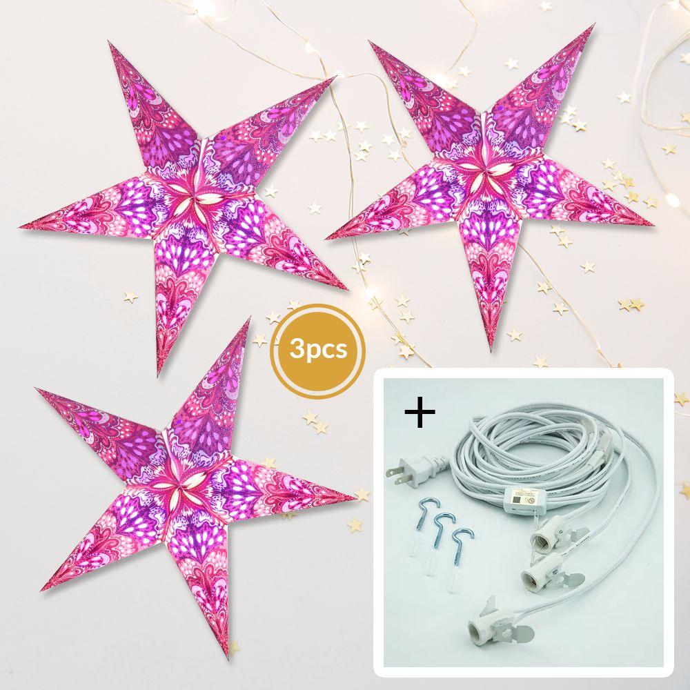 3-PACK + Cord | Pink Heart's Desire Glitter 24" Illuminated Paper Star Lanterns and Lamp Cord Hanging Decorations - AsianImportStore.com - B2B Wholesale Lighting and Decor