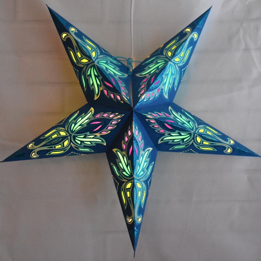 3-PACK + Cord | Dark Blue Lotus Glittered 24" Illuminated Paper Star Lanterns and Lamp Cord Hanging Decorations - AsianImportStore.com - B2B Wholesale Lighting and Decor