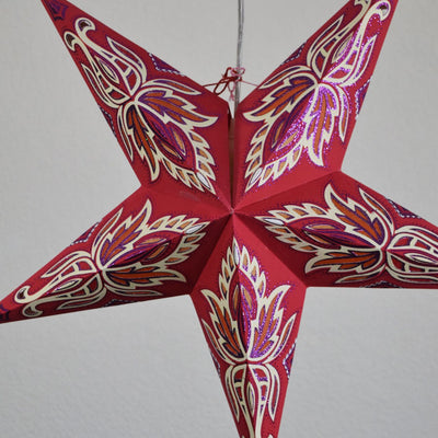 3-PACK + Cord | Red Lotus Glittered 24" Illuminated Paper Star Lanterns and Lamp Cord Hanging Decorations - AsianImportStore.com - B2B Wholesale Lighting and Decor