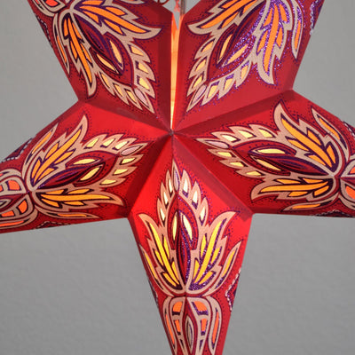 3-PACK + Cord | Red Lotus Glittered 24" Illuminated Paper Star Lanterns and Lamp Cord Hanging Decorations - AsianImportStore.com - B2B Wholesale Lighting and Decor