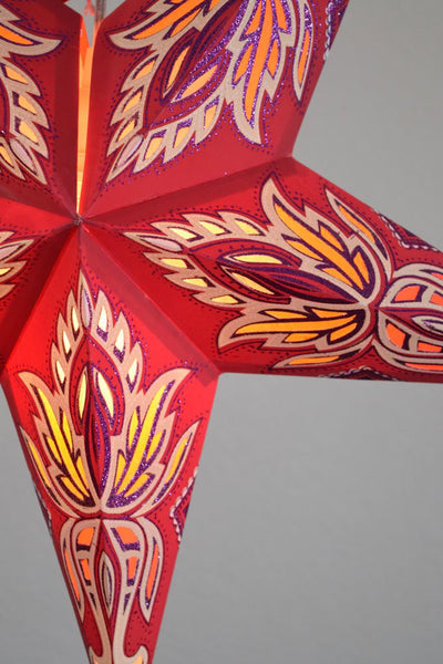 3-PACK + Cord | Red Lotus Glittered 24" Illuminated Paper Star Lanterns and Lamp Cord Hanging Decorations - AsianImportStore.com - B2B Wholesale Lighting and Decor