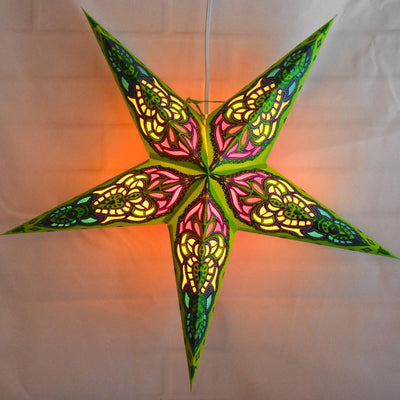 3-PACK + Cord | Chartreuse Green Meditation Glitter 24" Illuminated Paper Star Lanterns and Lamp Cord Hanging Decorations - AsianImportStore.com - B2B Wholesale Lighting and Decor