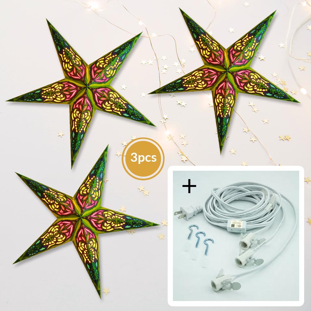 3-PACK + Cord | Chartreuse Green Meditation Glitter 24" Illuminated Paper Star Lanterns and Lamp Cord Hanging Decorations - AsianImportStore.com - B2B Wholesale Lighting and Decor