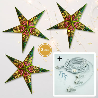 3-PACK + Cord | Chartreuse Green Meditation Glitter 24" Illuminated Paper Star Lanterns and Lamp Cord Hanging Decorations - AsianImportStore.com - B2B Wholesale Lighting and Decor