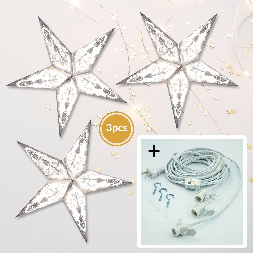 3-PACK + Cord | Grey Meditation Glitter 24" Illuminated Paper Star Lanterns and Lamp Cord Hanging Decorations - AsianImportStore.com - B2B Wholesale Lighting and Decor