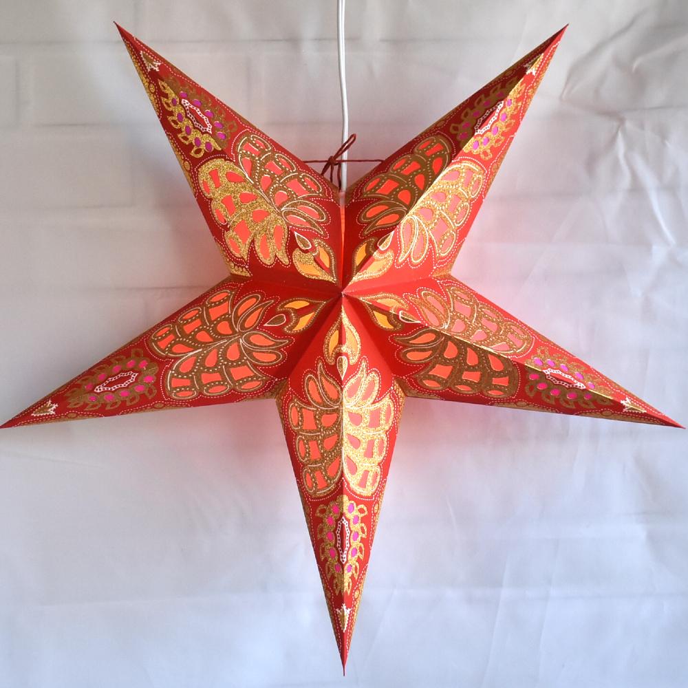 3-PACK + Cord | Red Monarch Glitter 24" Illuminated Paper Star Lanterns and Lamp Cord Hanging Decorations - AsianImportStore.com - B2B Wholesale Lighting and Decor