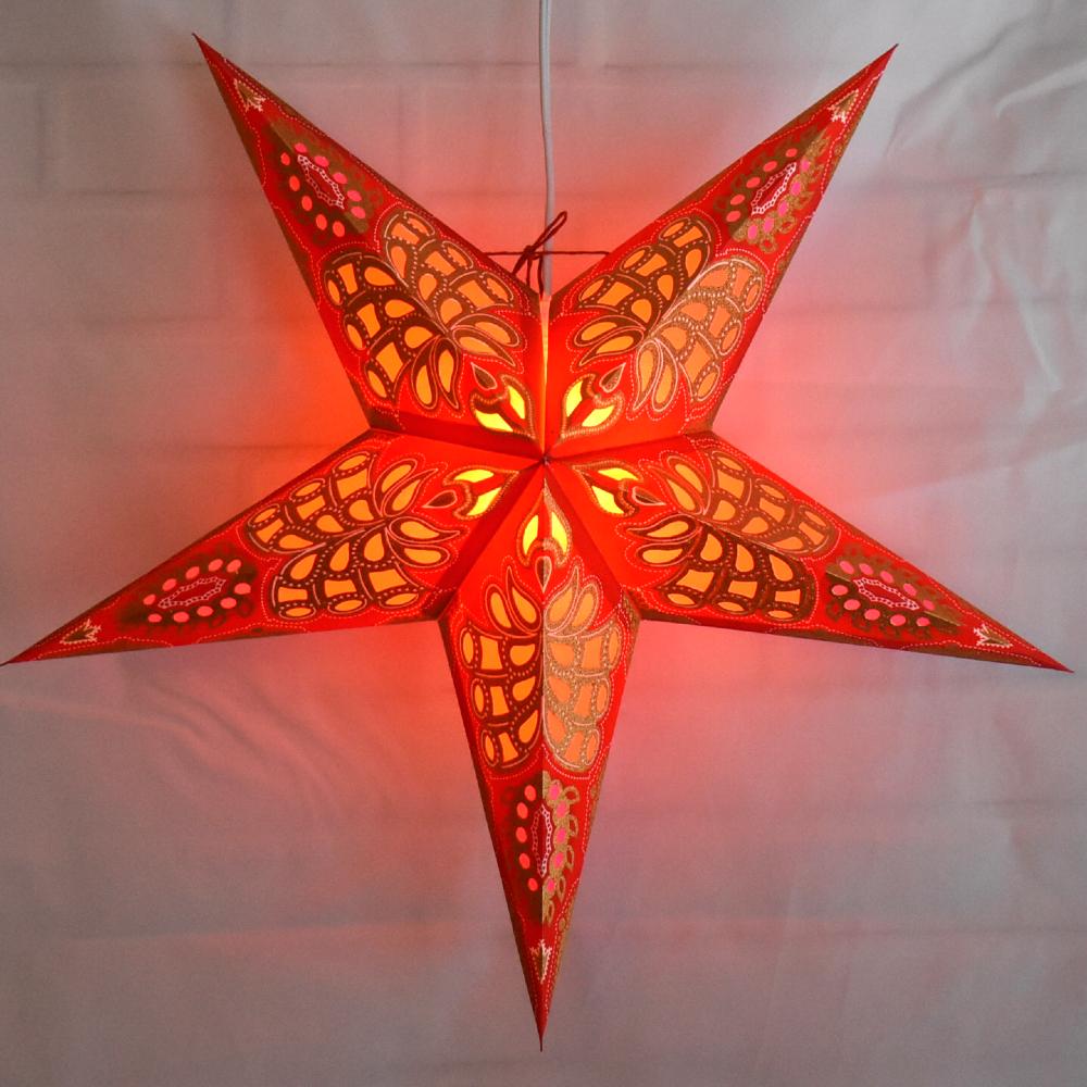 3-PACK + Cord | Red Monarch Glitter 24" Illuminated Paper Star Lanterns and Lamp Cord Hanging Decorations - AsianImportStore.com - B2B Wholesale Lighting and Decor