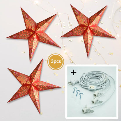 3-PACK + Cord | Red Monarch Glitter 24" Illuminated Paper Star Lanterns and Lamp Cord Hanging Decorations - AsianImportStore.com - B2B Wholesale Lighting and Decor