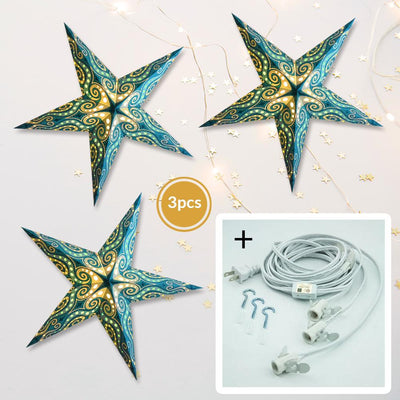 3-PACK + Cord | Light Blue Mouri Glitter 24" Illuminated Paper Star Lanterns and Lamp Cord Hanging Decorations - AsianImportStore.com - B2B Wholesale Lighting and Decor