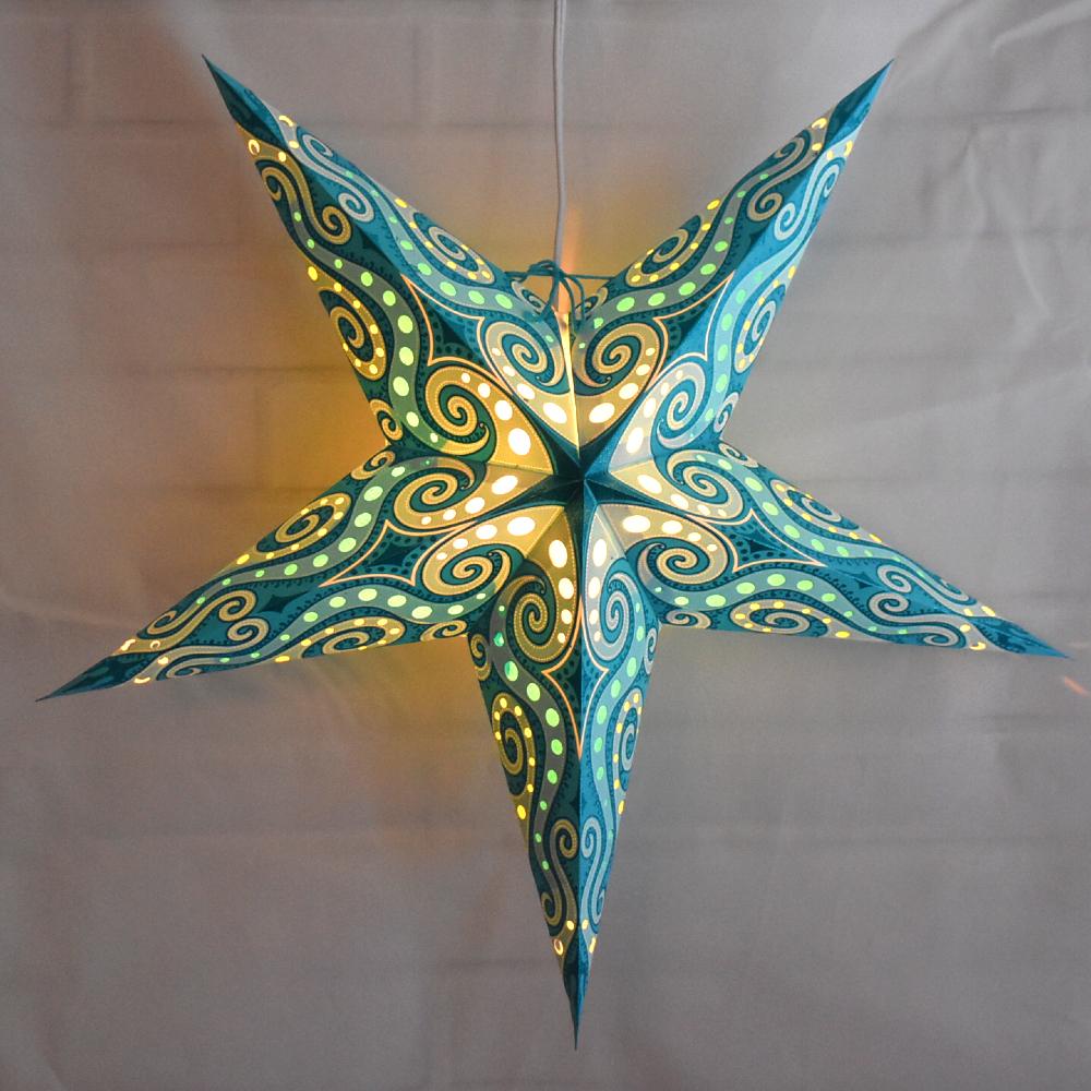 24" Green Sea Foam Mouri Blue Glitter Paper Star Lantern, Hanging - AsianImportStore.com - B2B Wholesale Lighting and Decor