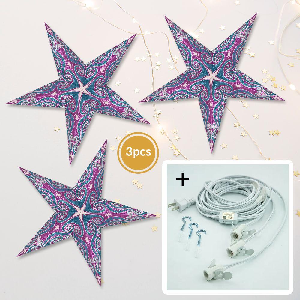 3-PACK + Cord | Violet Purple Mouri Glitter 24" Illuminated Paper Star Lanterns and Lamp Cord Hanging Decorations - AsianImportStore.com - B2B Wholesale Lighting and Decor