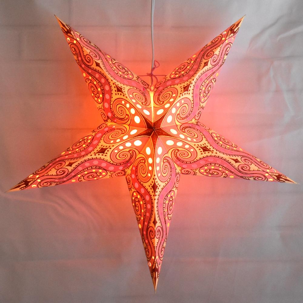 24" Vanilla Pink / Red Mouri Glitter Paper Star Lantern, Hanging - AsianImportStore.com - B2B Wholesale Lighting and Decor