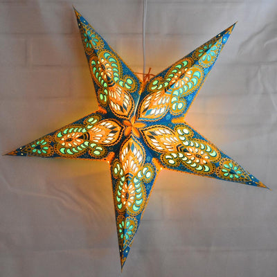 3-PACK + Cord | Turquoise Blue and Yellow Glitter Peacock 24" Illuminated Paper Star Lanterns and Lamp Cord Hanging Decorations - AsianImportStore.com - B2B Wholesale Lighting and Decor