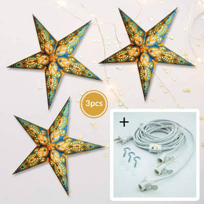 3-PACK + Cord | Turquoise Blue and Yellow Glitter Peacock 24" Illuminated Paper Star Lanterns and Lamp Cord Hanging Decorations - AsianImportStore.com - B2B Wholesale Lighting and Decor