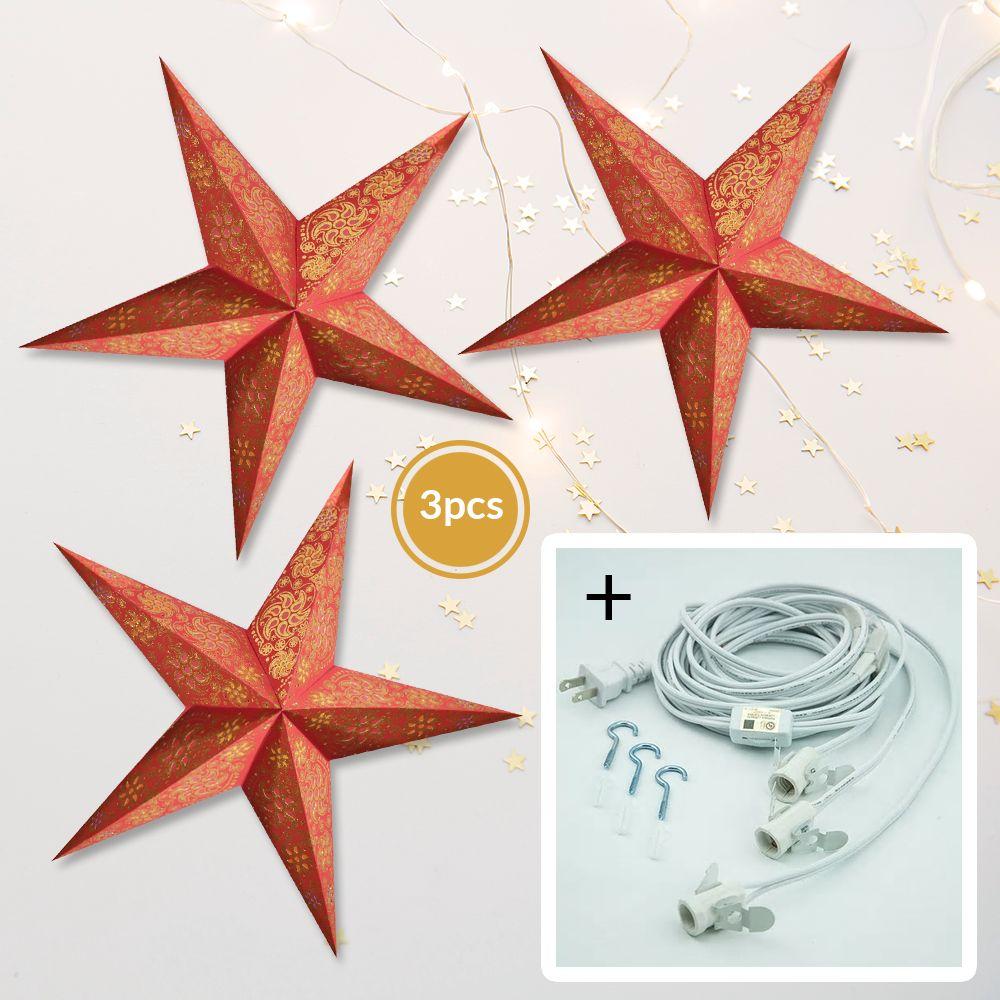 3-PACK + Cord | Red Winds Glitter 24" Illuminated Paper Star Lanterns and Lamp Cord Hanging Decorations - AsianImportStore.com - B2B Wholesale Lighting and Decor