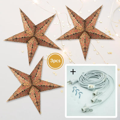 3-PACK + Cord | Red Lace Paisley 24" Illuminated Paper Star Lanterns and Lamp Cord Hanging Decorations - AsianImportStore.com - B2B Wholesale Lighting and Decor