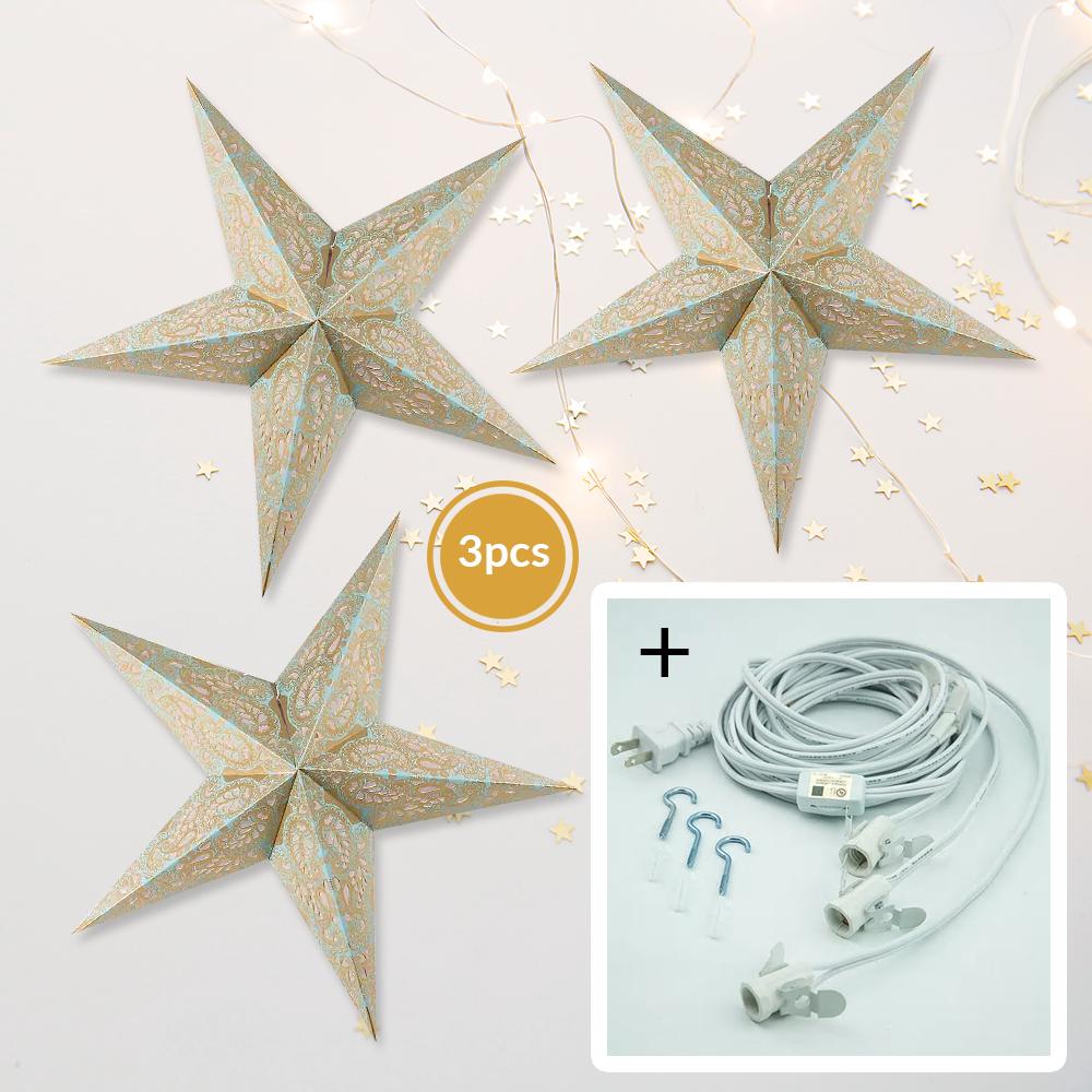 3-PACK + Cord | Light Blue Lace Paisley 24" Illuminated Paper Star Lanterns and Lamp Cord Hanging Decorations - AsianImportStore.com - B2B Wholesale Lighting and Decor