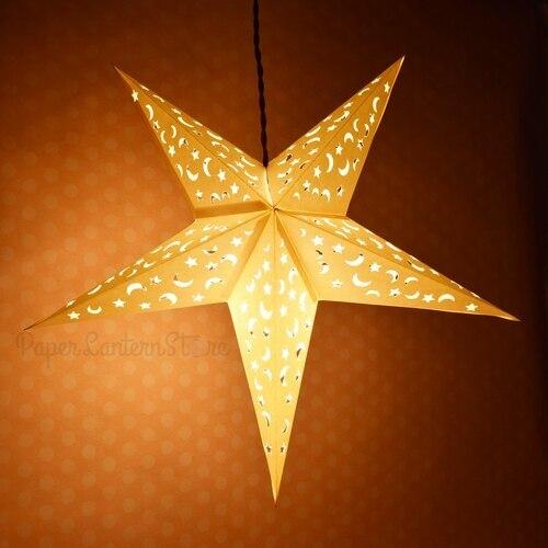 3-PACK + Cord | White Moon and Stars 24" Illuminated Paper Star Lanterns and Lamp Cord Hanging Decorations - AsianImportStore.com - B2B Wholesale Lighting and Decor