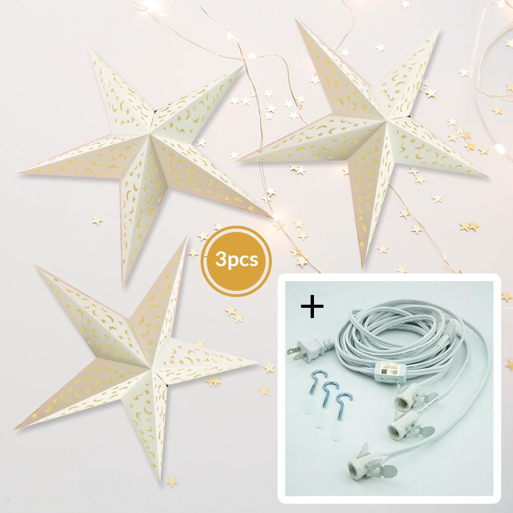 3-PACK + Cord | White Moon and Stars 24" Illuminated Paper Star Lanterns and Lamp Cord Hanging Decorations - AsianImportStore.com - B2B Wholesale Lighting and Decor